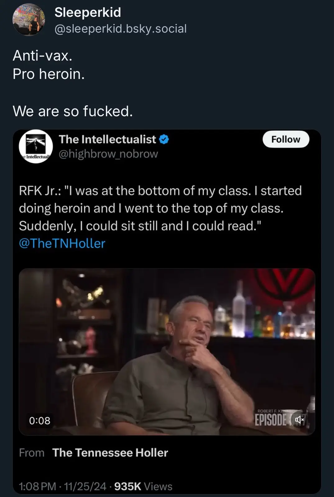 A screenshot of a social media post showing a video clip of Robert F. Kennedy Jr. speaking. The overlaid text reads…