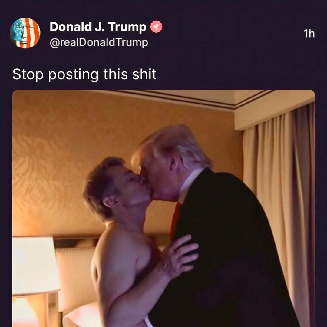 A screenshot of a social media post attributed to Donald J. Trump, showing him kissing a shirtless man in a hotel room. The…