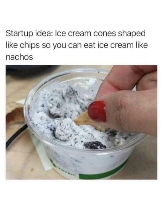 A hand with red nail polish dips a tortilla chip into a cup of Oreo-flavored ice cream. The overlaid text reads: 'Startup…
