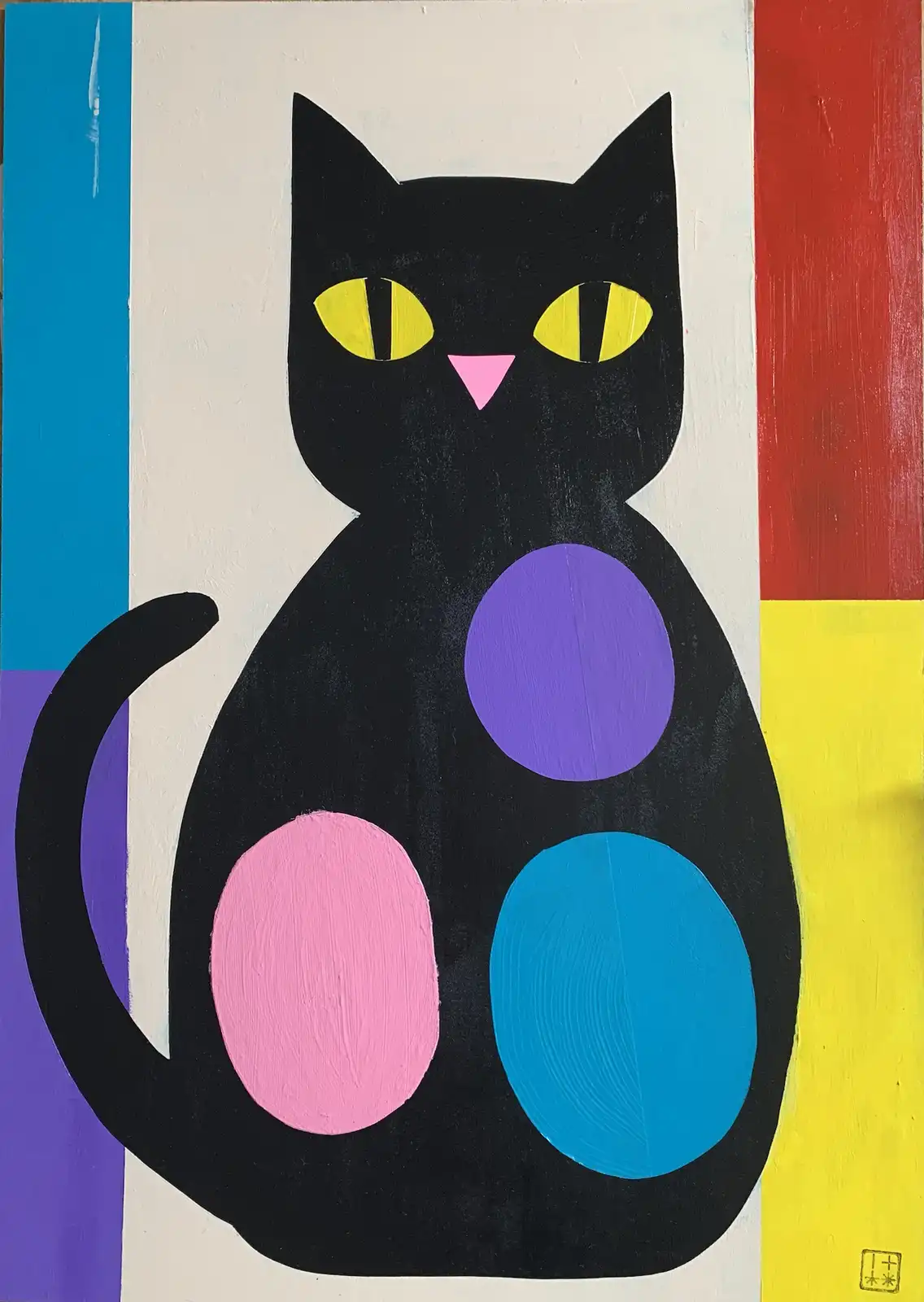 A stylized painting of a black cat with yellow eyes and a pink nose, featuring three large colorful spots on its belly…