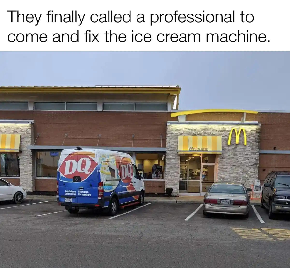 An exterior photo shows a Dairy Queen van parked in front of a McDonald's restaurant. The image is overlaid with text that…