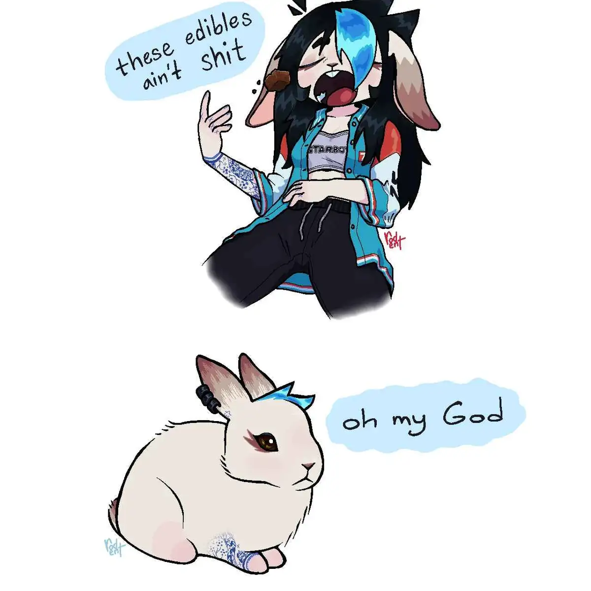 An anime-style anthropomorphic character with black and blue hair, wearing a jacket and holding a chocolate, exclaims 'these…