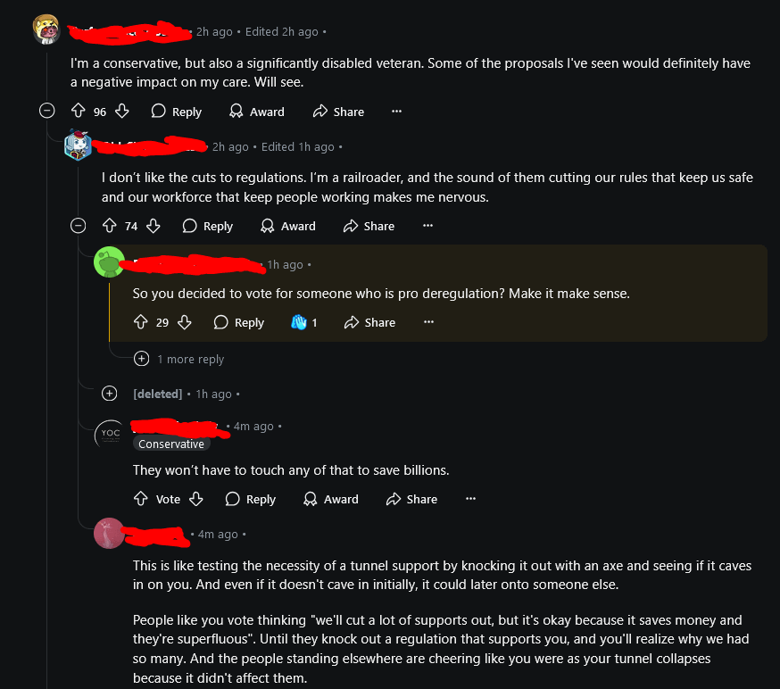 A screenshot of a Reddit thread where a user identifies as a conservative and disabled veteran concerned about policy…