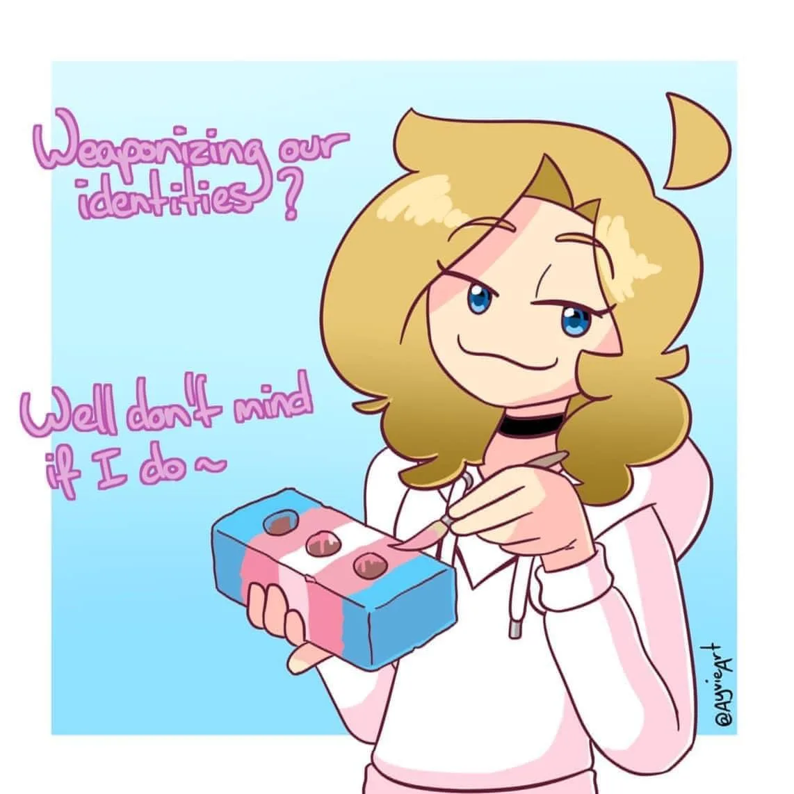 A cartoon girl with blonde hair and cat ears holds a box painted with the trans flag colors while using a knife to carve…