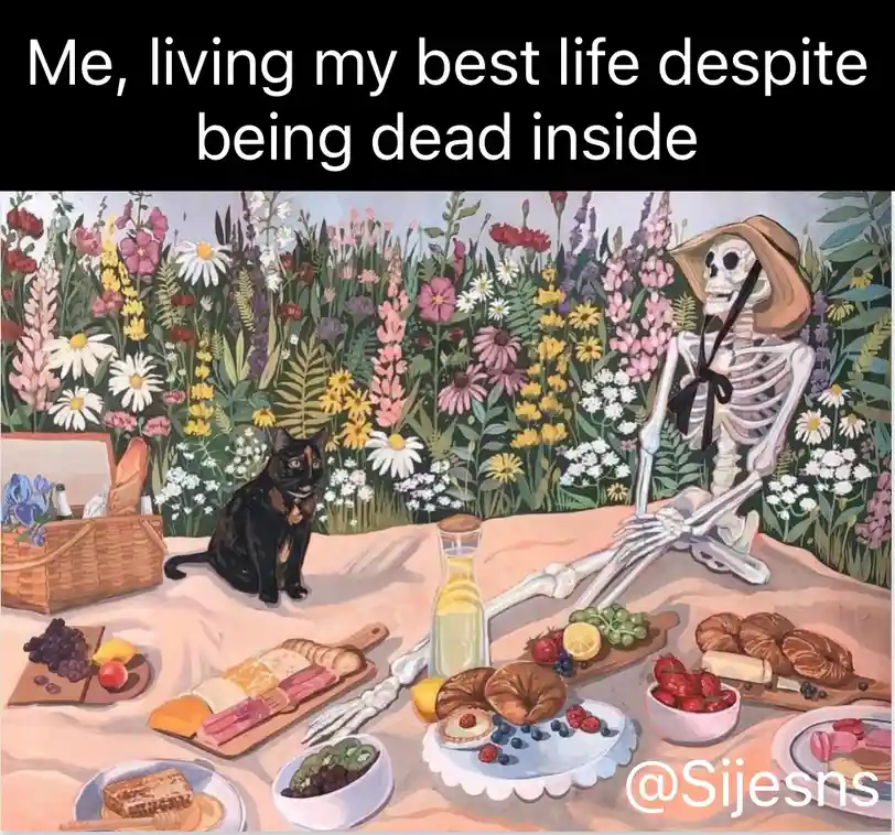 A skeleton wearing a straw hat and bowtie sits at a lavish picnic blanket surrounded by flowers, enjoying gourmet food like…