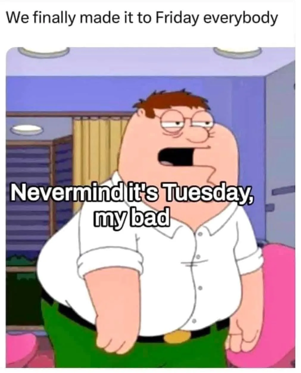 A cartoon image of Peter Griffin from Family Guy, wearing a white shirt and green pants, looking shocked with his mouth…