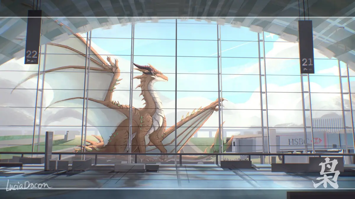 A large, detailed dragon with brown and white scales and spiky wings stands inside a modern airport terminal, looking out…