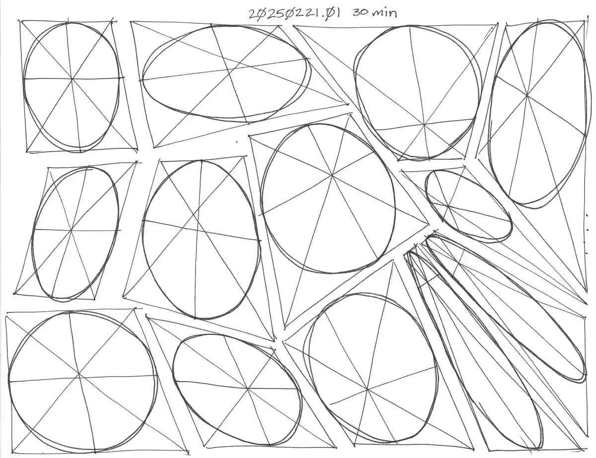 A hand-drawn sketch shows multiple circles and ellipses, each enclosed in a square or rotated square with intersecting…