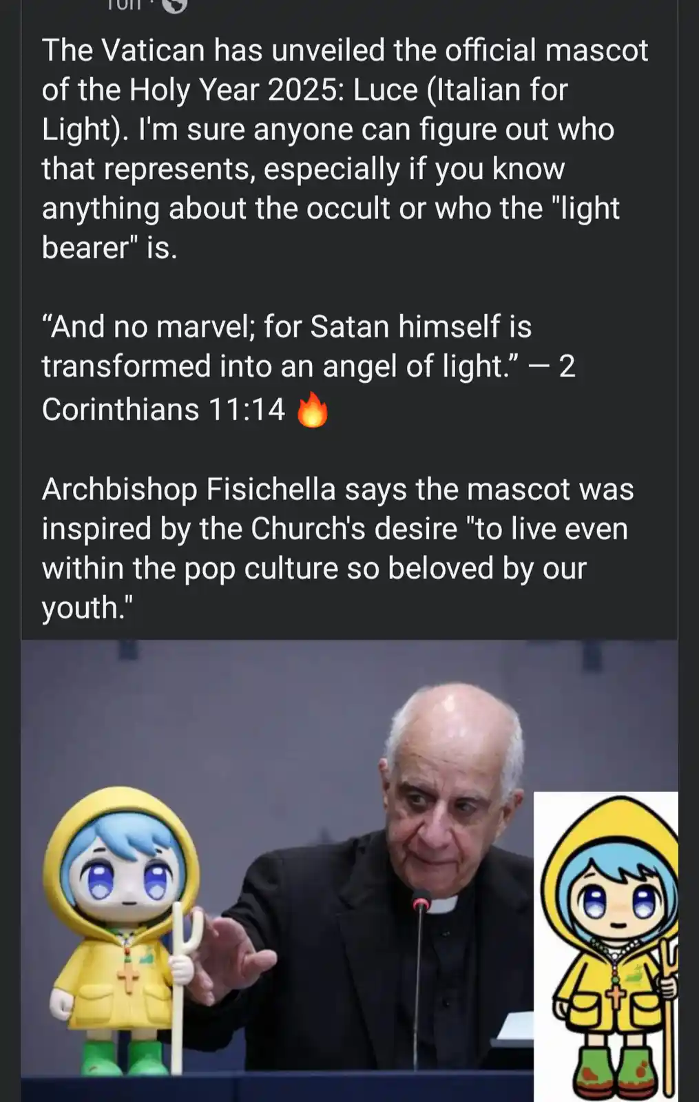 A photo shows an older man in clerical attire holding a yellow cartoon mascot with blue hair, a cross, and a staff. The…
