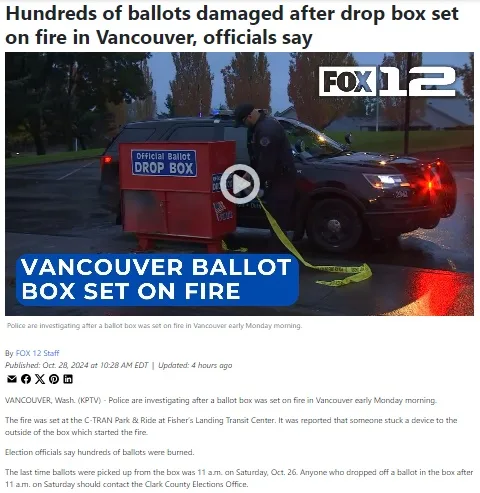 A news screenshot from FOX12 shows a police officer standing beside a red 'Official Ballot Drop Box' that has been set on…