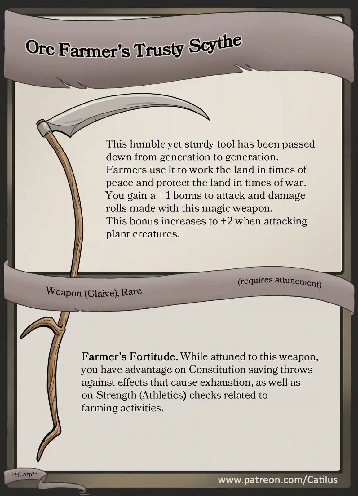 An illustrated fantasy weapon card titled 'Orc Farmer's Trusty Scythe' depicts a scythe with a wooden handle and a curved…