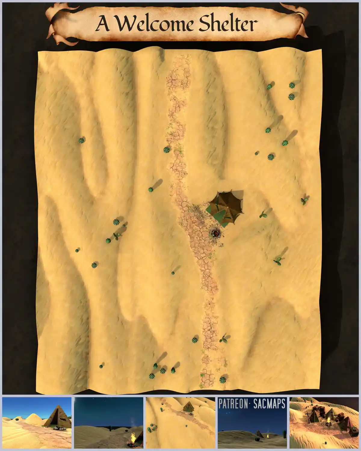 An overhead desert map labeled 'A Welcome Shelter' shows a single tent at the end of a cracked path, surrounded by sparse…