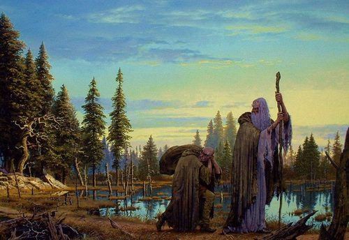 Two robed figures stand by a swampy forest clearing. The taller one, with a long white beard and holding a staff, looks…