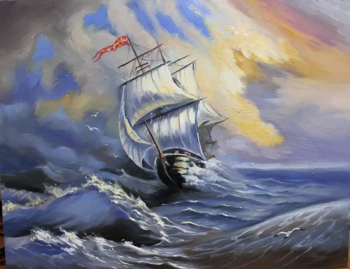 An oil painting depicts a tall ship with white sails and a red flag battling rough, dark blue ocean waves under a stormy sky…