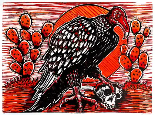 A stylized, woodcut-style illustration depicts a large turkey vulture standing over a human skull in a desert landscape with…