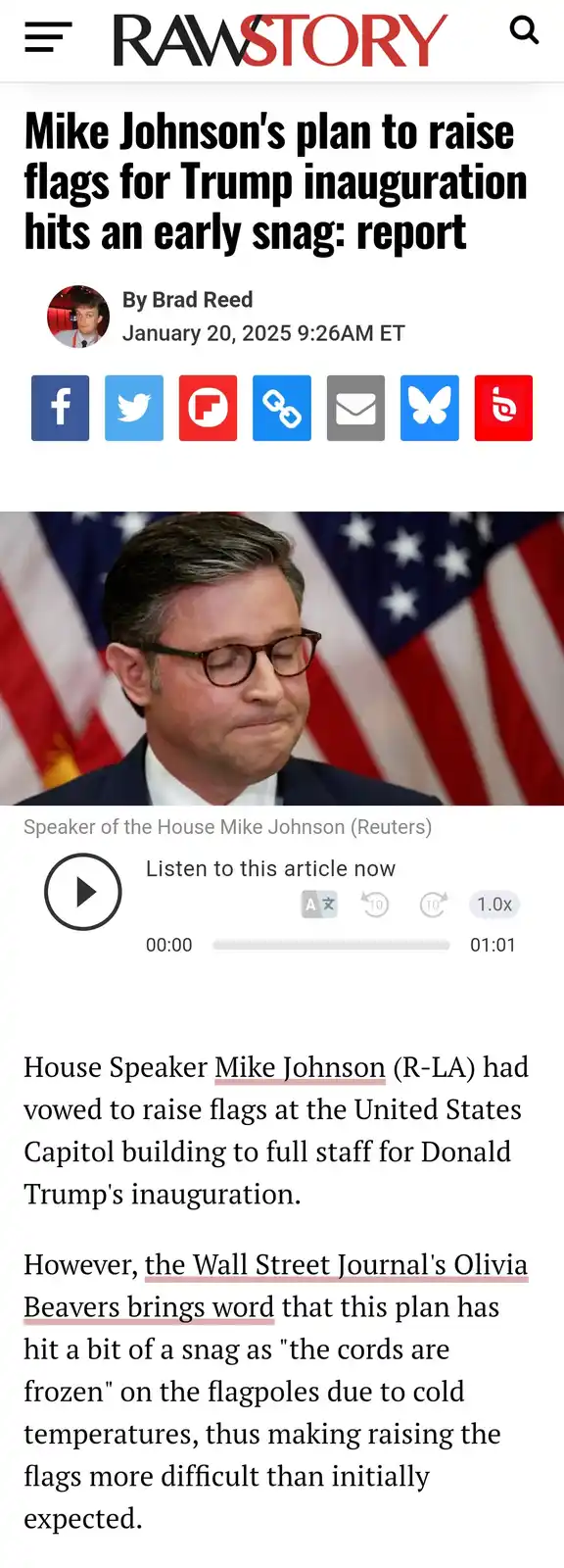 A screenshot of a RawStory news article about House Speaker Mike Johnson's plan to raise flags for Donald Trump's…