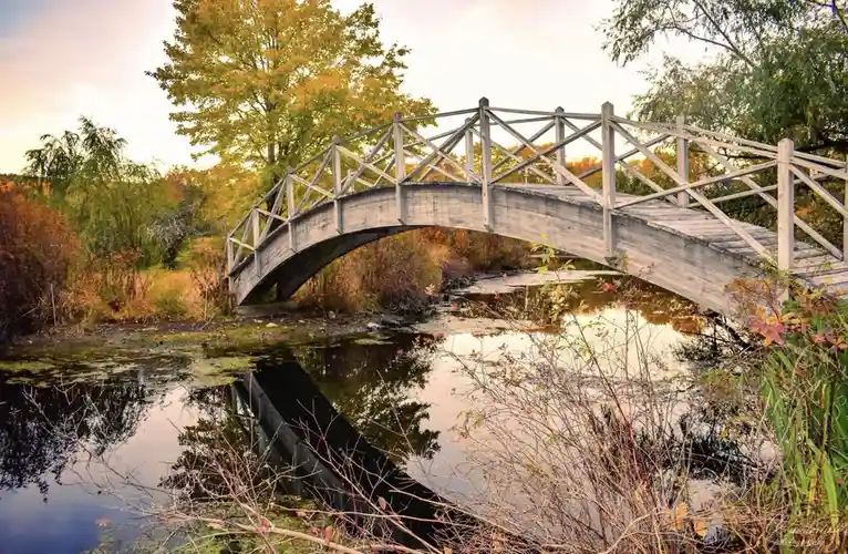 A serene, arched wooden bridge spans a calm, reflective stream surrounded by autumn foliage. The image is overlaid with the…