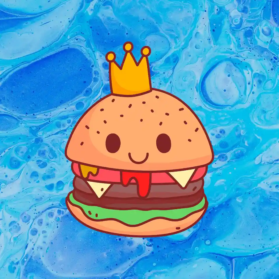 A cartoon-style hamburger with a smiling face, wearing a golden crown, is centered against a swirling blue and white…