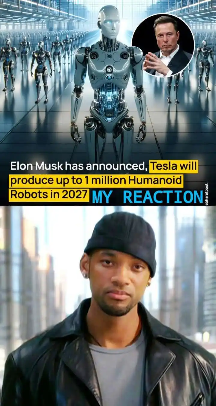 The image is split into two parts. The top shows a line of humanoid robots in a factory setting, with a circular inset of…