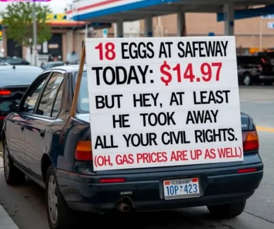 A dark blue sedan parked at a gas station has a large white sign attached to its rear. The sign displays text in bold red…