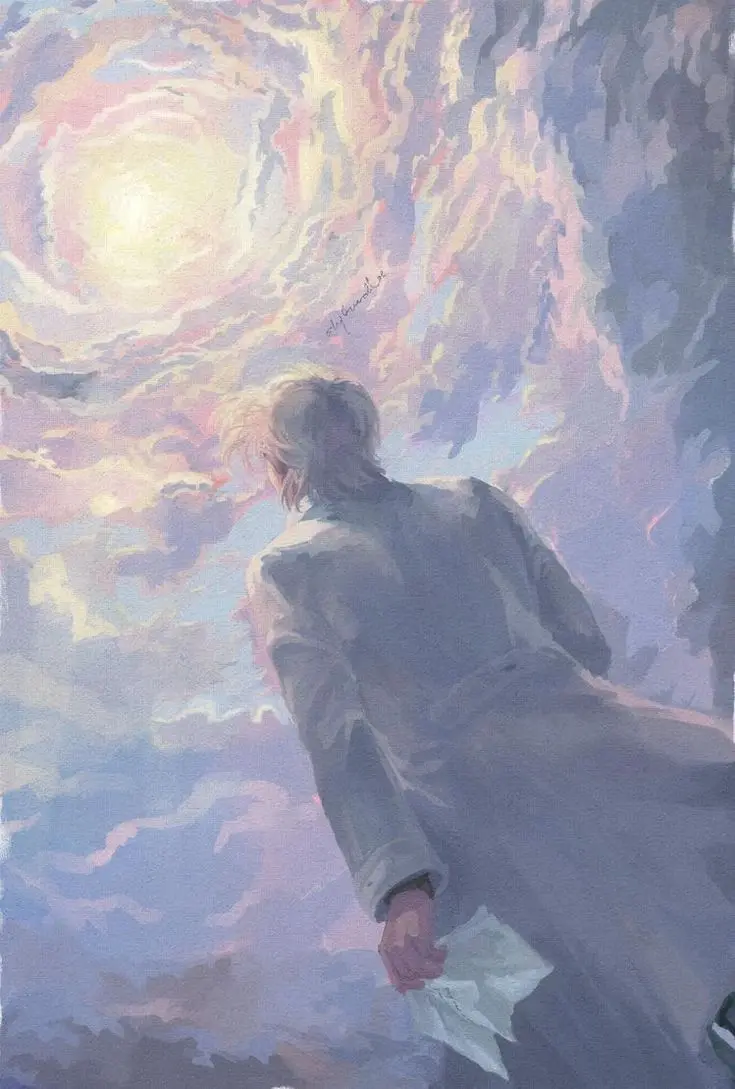 A person with light-colored hair, seen from behind, stands looking up at a swirling, colorful sky with a bright sun at the…