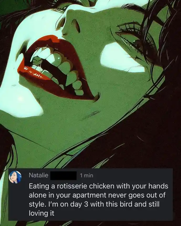 The image shows a stylized, green-tinted illustration of a woman's face with her mouth wide open in a scream or expression…