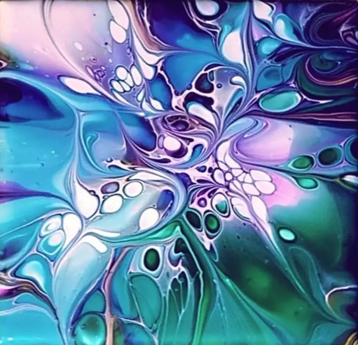 An abstract, swirling painting of fluid, marbled colors including teal, blue, purple, and white, resembling melted glass or…