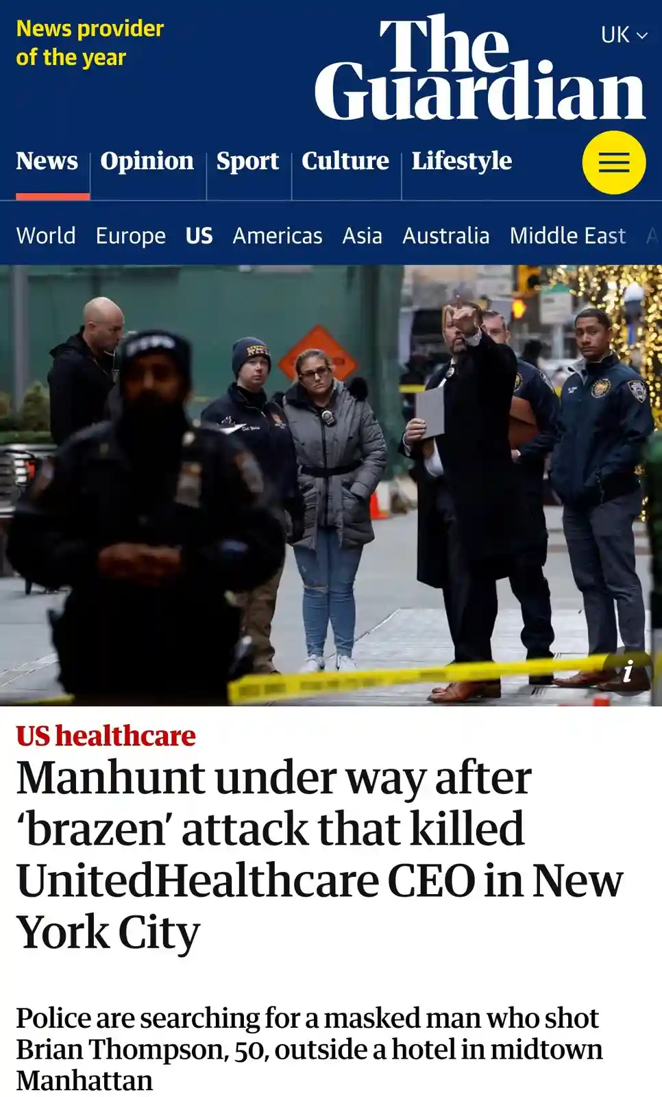 The image shows a screenshot of The Guardian's news website featuring a headline about a manhunt for the killer of…