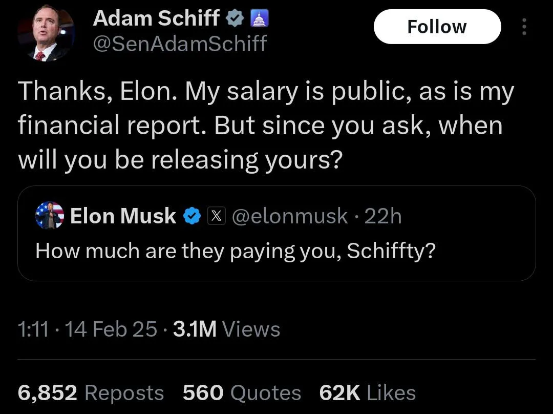A screenshot of a Twitter thread shows Sen. Adam Schiff replying to Elon Musk. Schiff thanks Musk and points out his public…