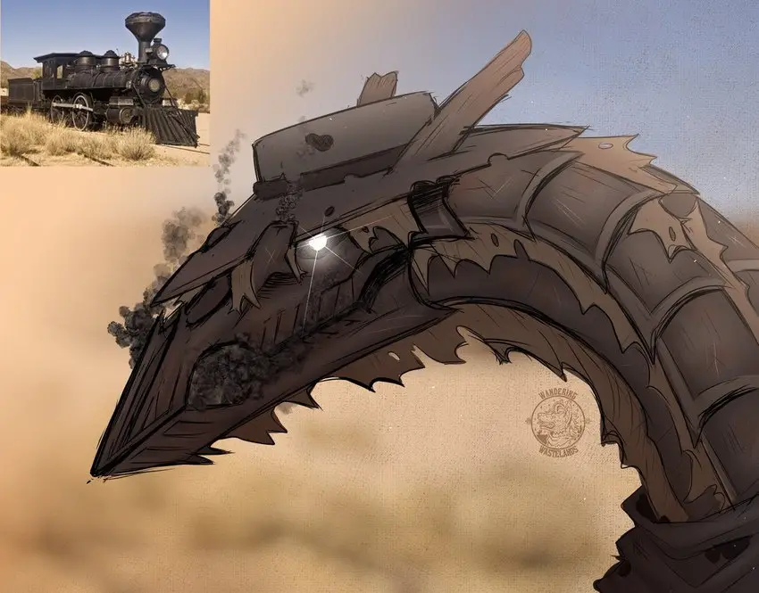 The image shows a large, stylized dragon whose body and head are constructed from the parts of a steam locomotive, including…