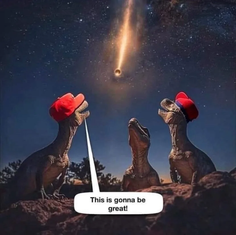Three dinosaurs wearing red baseball caps look up at a large, bright meteor streaking across a starry night sky. One…
