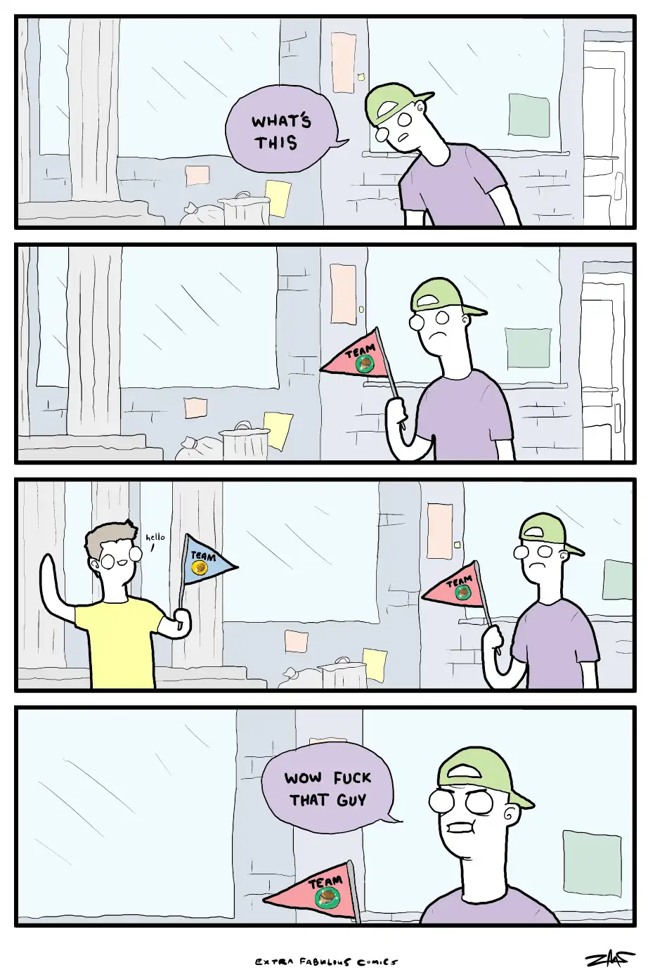 A four-panel comic shows a man in a green cap holding a red 'TEAM' flag with a burger logo, confused by a stranger waving a…