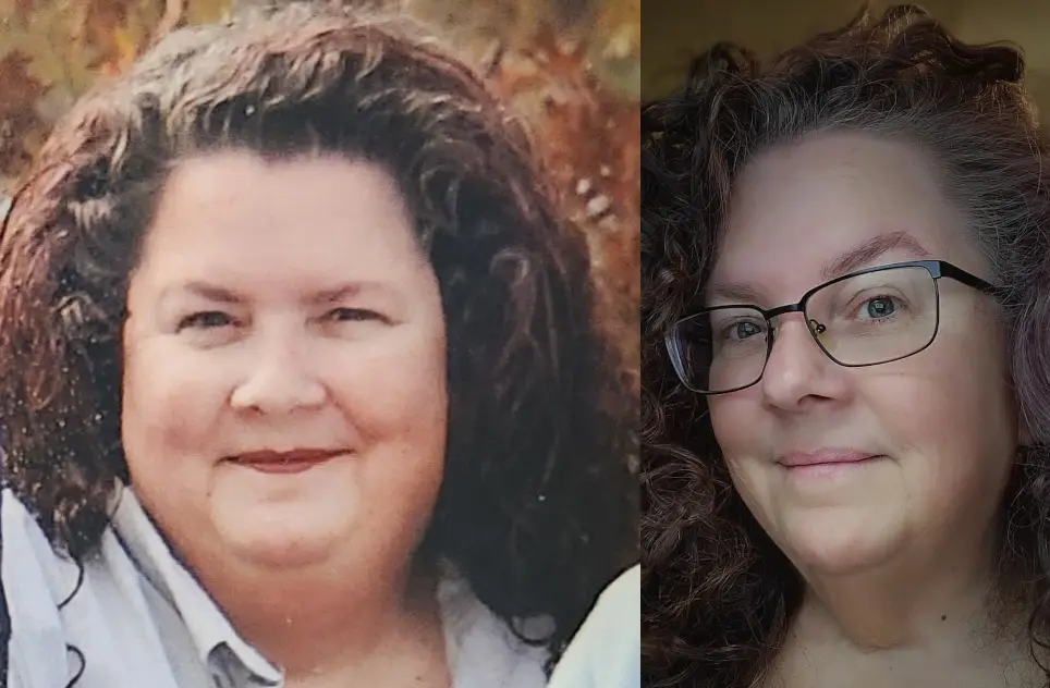 A side-by-side comparison of a woman, showing a younger, heavier version on the left and a slimmer, older version with…