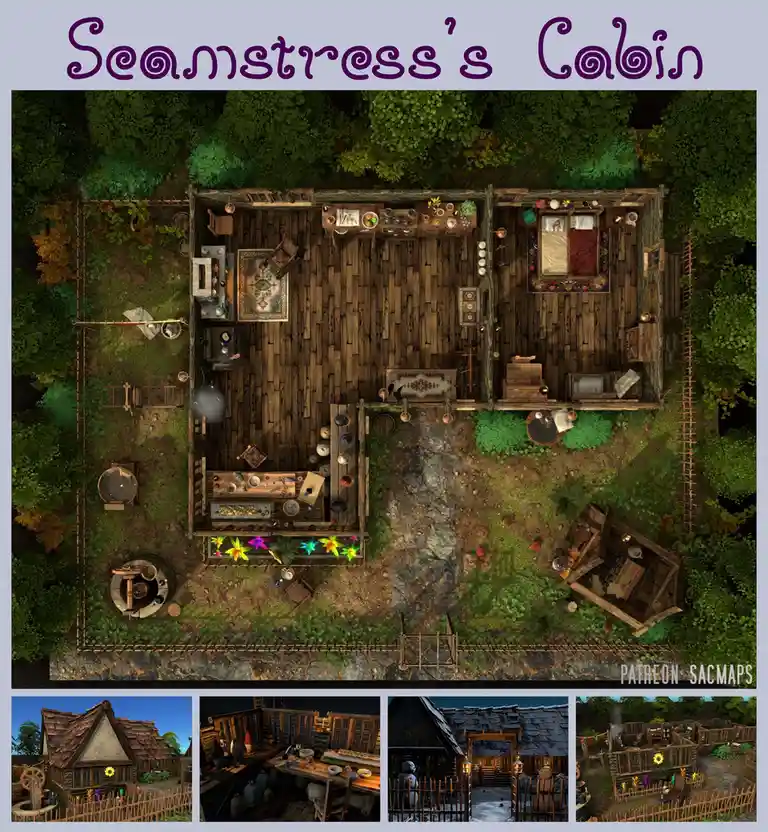 An overhead view of a rustic wooden cabin surrounded by dense greenery, labeled 'Seamstress's Cabin'. The interior is…