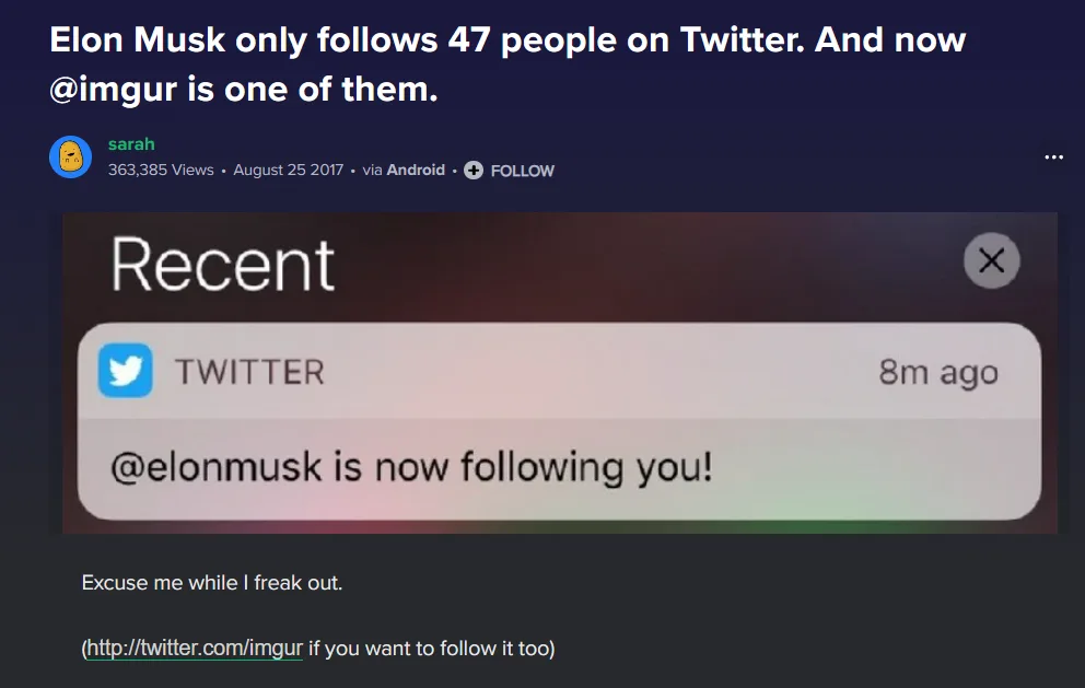A screenshot of a Twitter notification showing '@elonmusk is now following you!' with overlaid text stating 'Elon Musk only…
