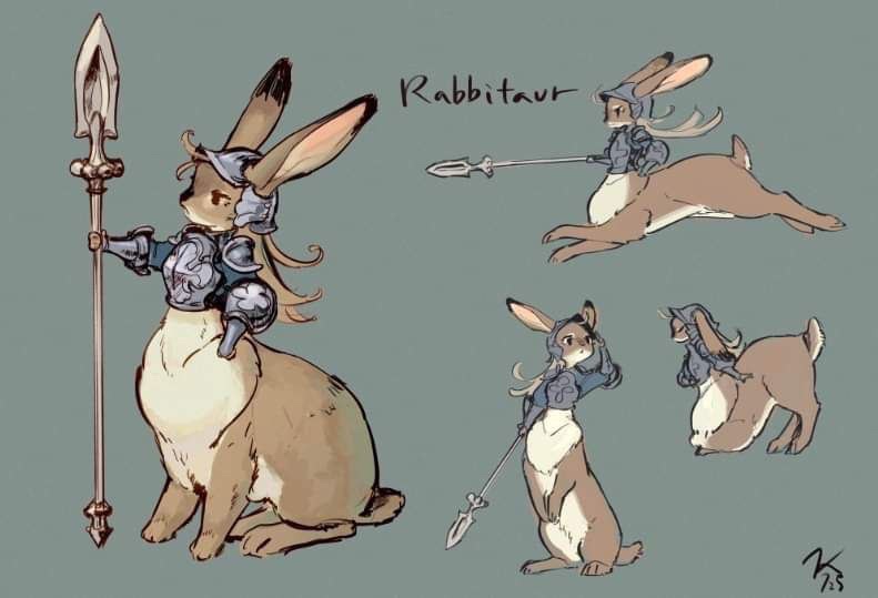 A character design sheet shows a rabbit-like creature in armor wielding a spear, labeled 'Rabbitaur'. The sheet includes…