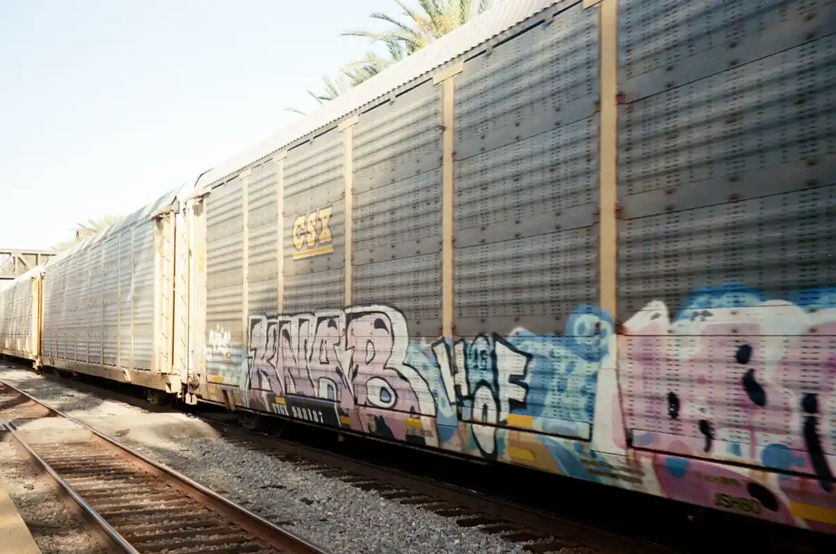 A side view of a CSX freight train car covered in colorful graffiti, with the words 'knob of' overlaid in large, stylized…