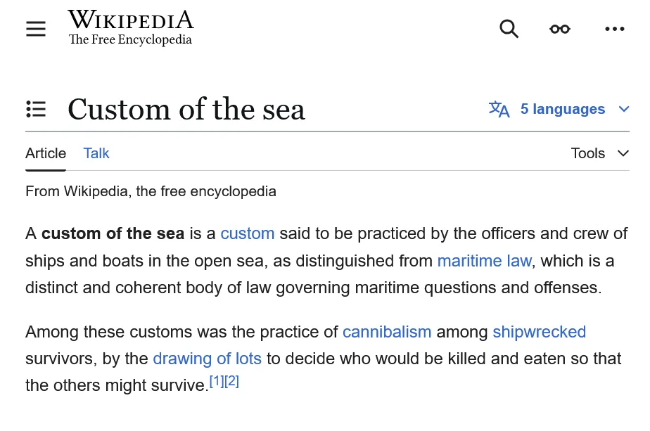 The image shows a screenshot of the Wikipedia article titled 'Custom of the sea,' which defines the term and mentions the…