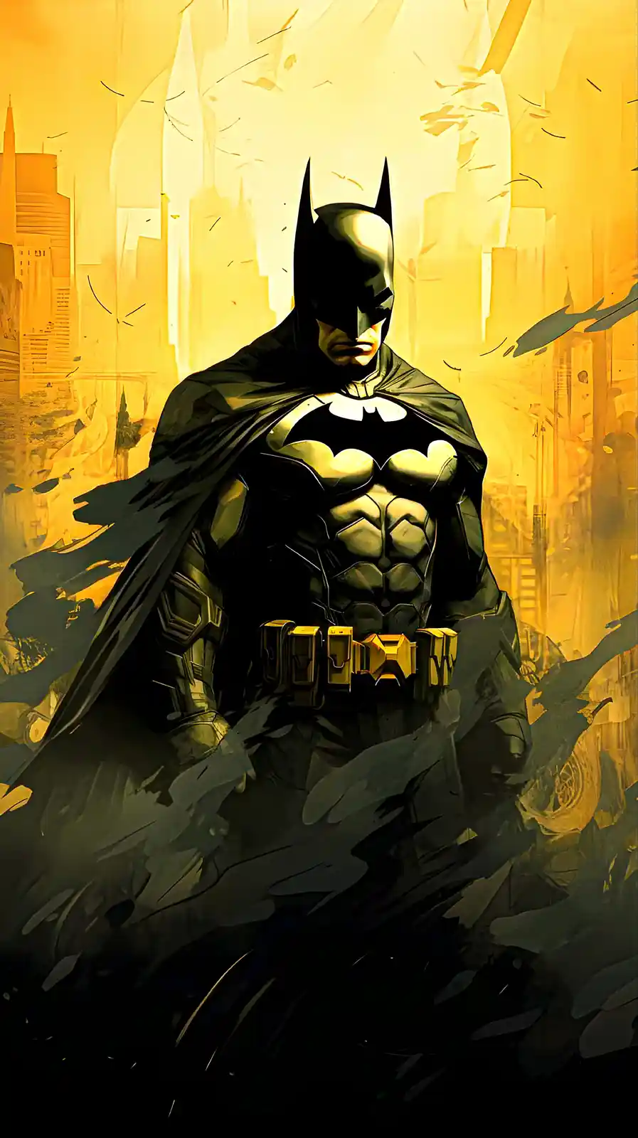 A stylized illustration of Batman standing heroically in front of a golden-hued cityscape, his cape flowing and his iconic…