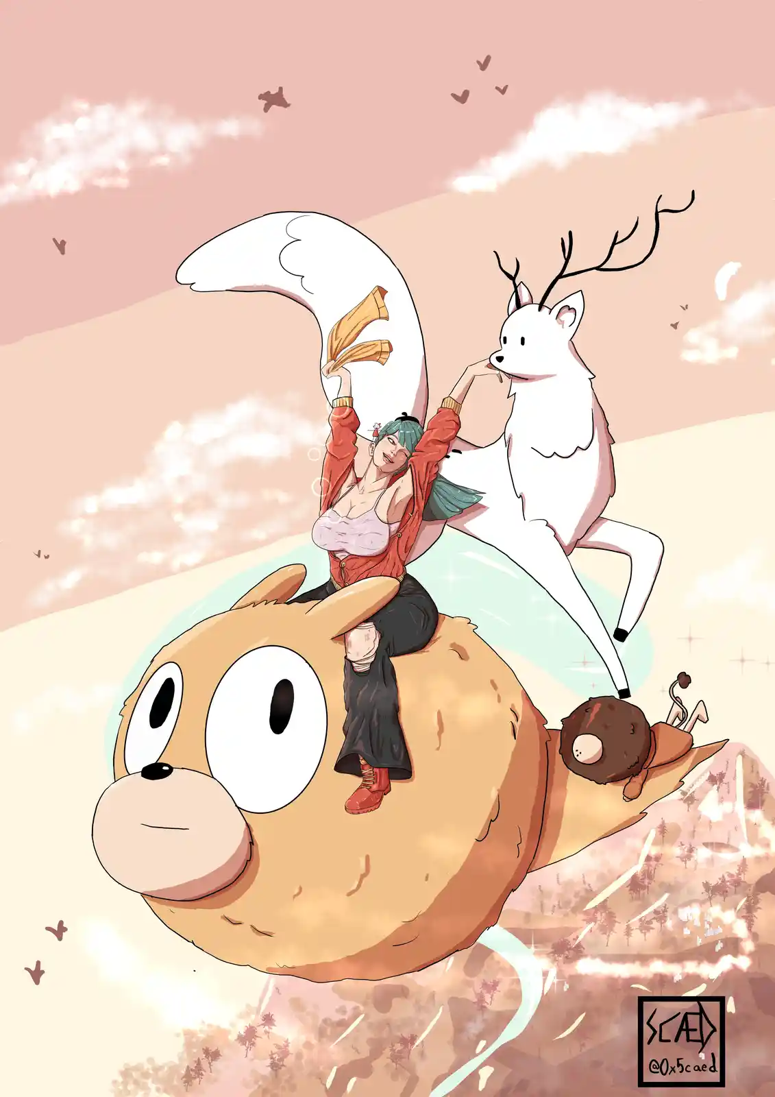 A stylized anime woman with teal hair and an orange jacket sits atop a giant, cartoonish, tan-colored creature resembling a…