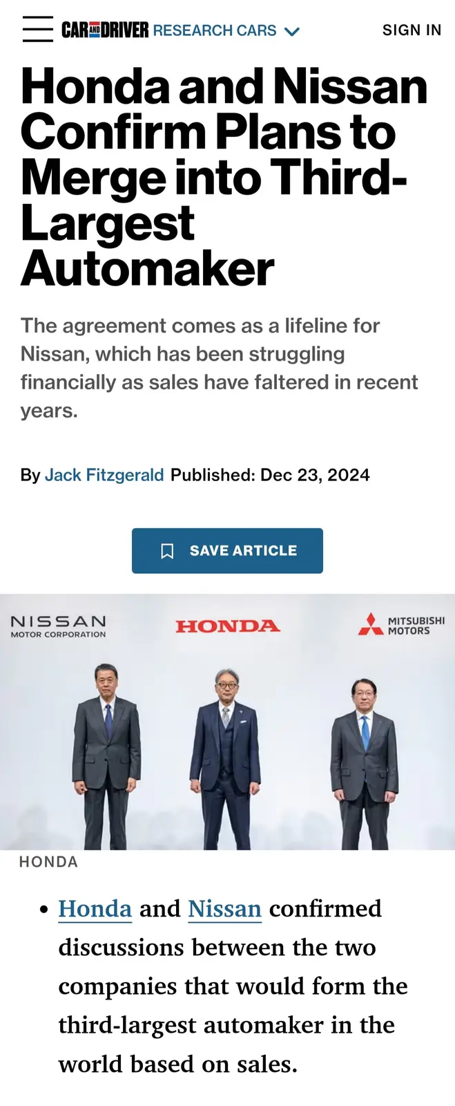 An article screenshot from Car and Driver shows a headline about Honda and Nissan merging to become the third-largest…