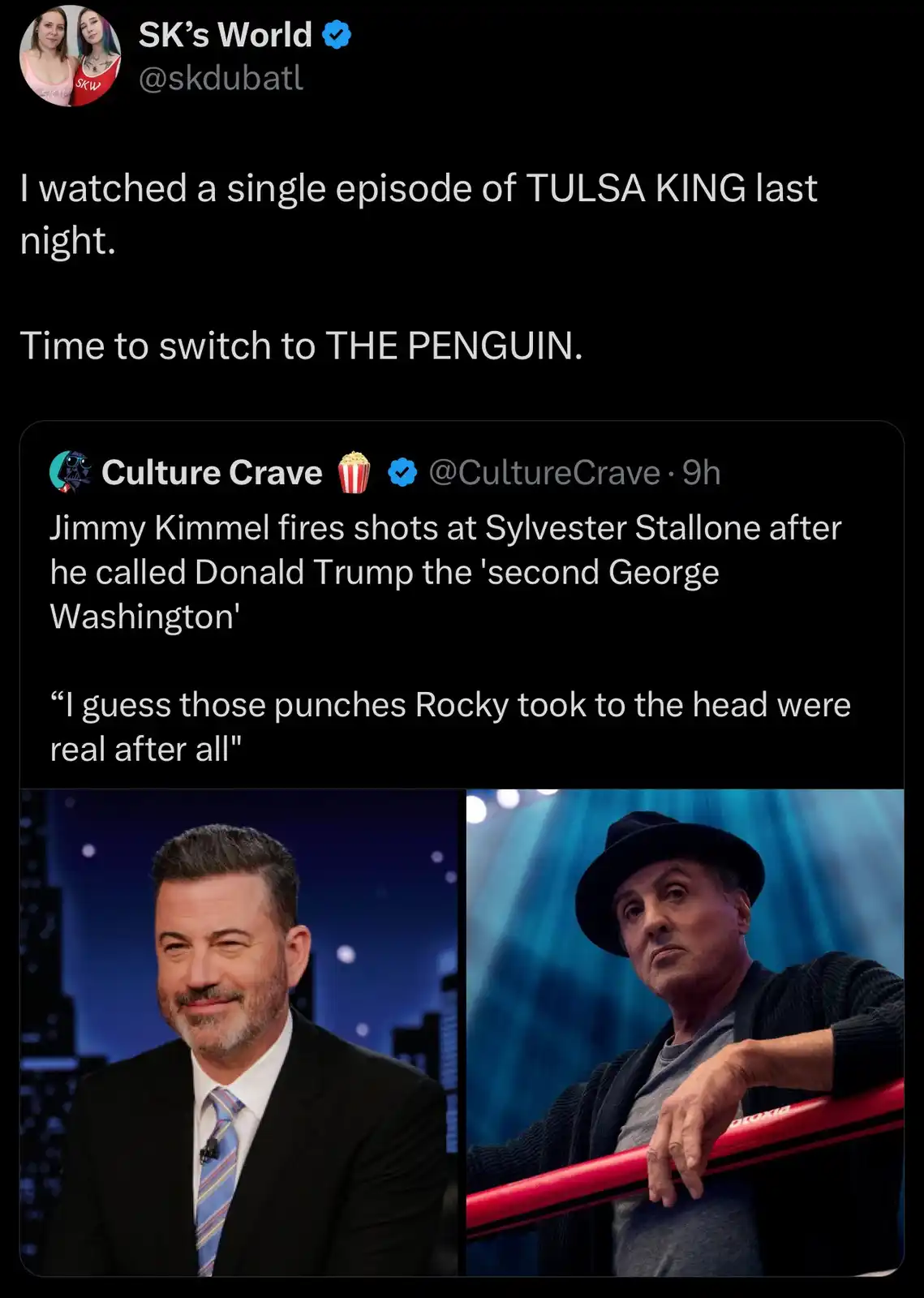 A screenshot of a tweet from 'SK's World' stating they watched one episode of 'Tulsa King' and are switching to 'The…