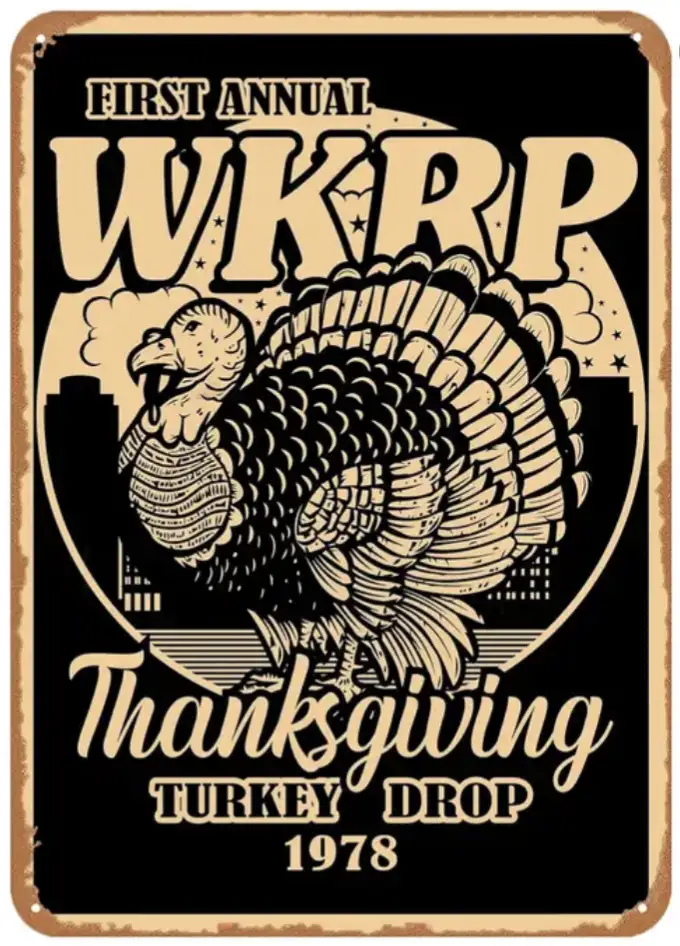 A vintage-style metal sign features a large, stylized turkey with fanned tail feathers, set against a city skyline…