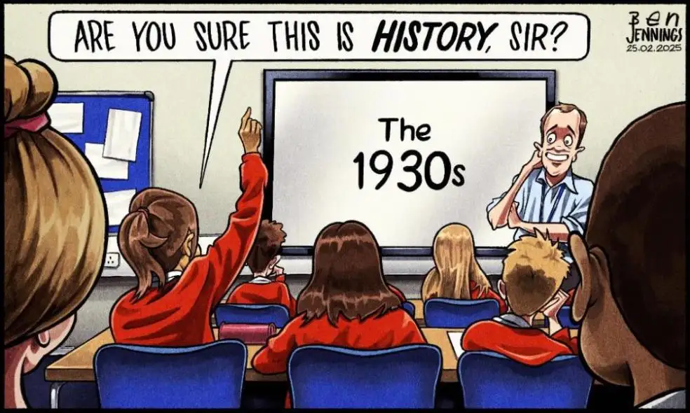 A cartoon classroom scene where a student in a red uniform raises her hand to ask the teacher, 'ARE YOU SURE THIS IS…