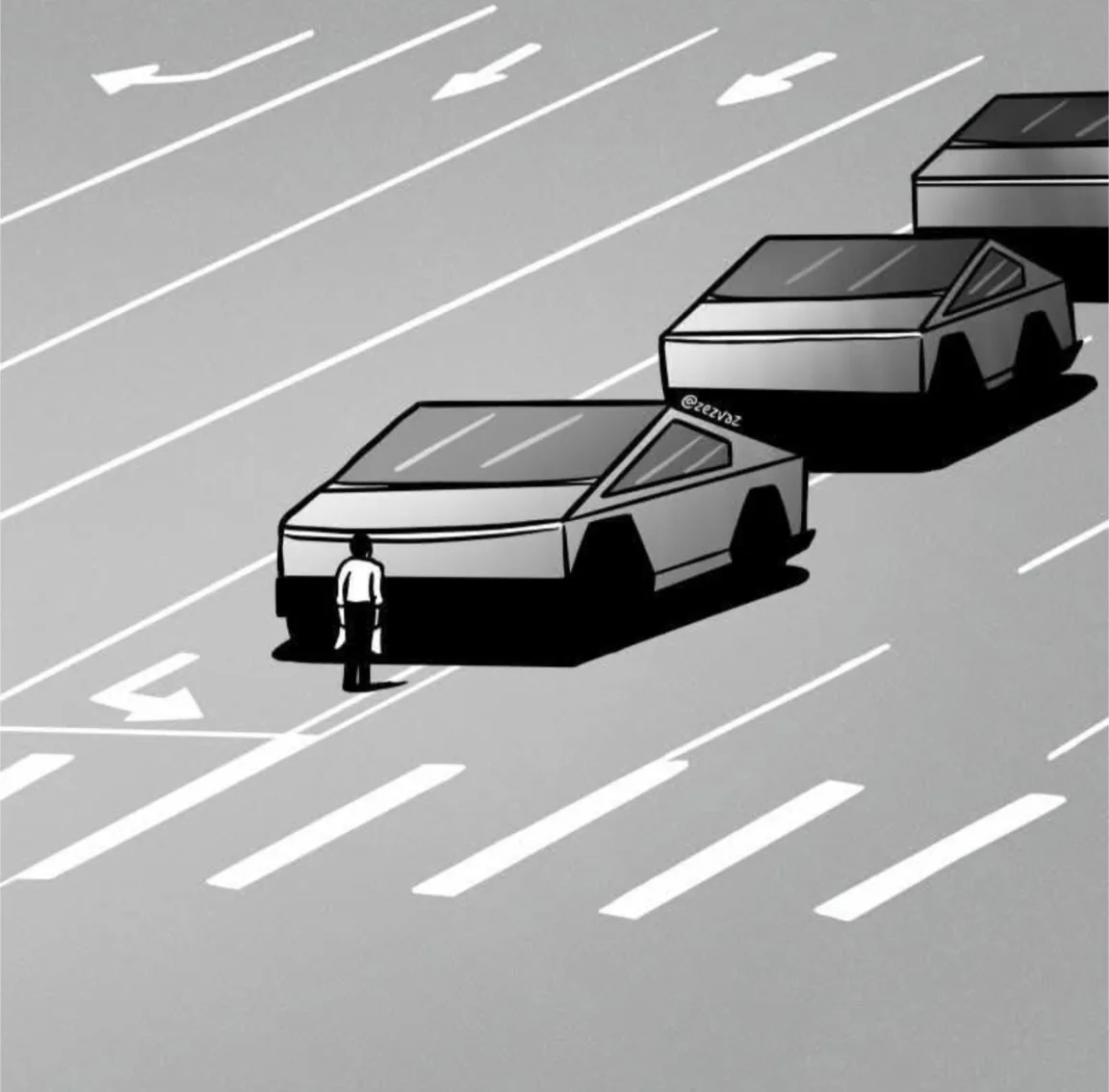 A black-and-white illustration shows a person standing in the middle of a multi-lane road with white directional arrows…