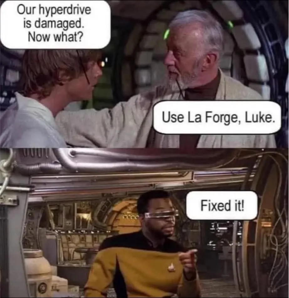 The top panel shows Luke Skywalker asking Obi-Wan Kenobi what to do about a damaged hyperdrive, to which Obi-Wan replies…