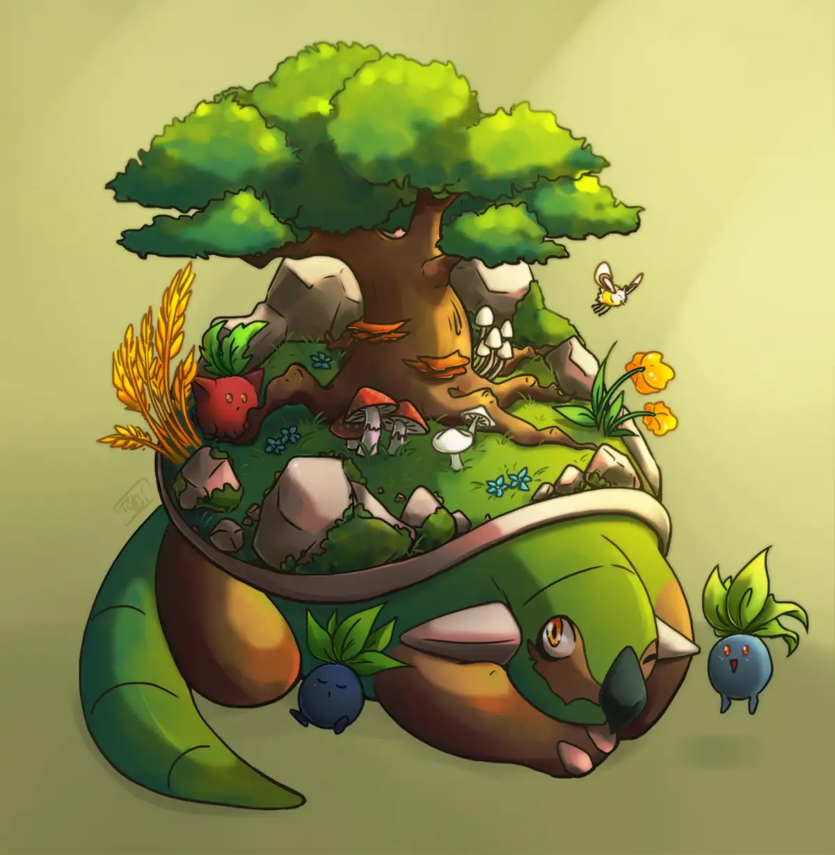 a cartoon-style illustration shows a green, turtle-like creature lying down with its head resting on the ground, its shell…