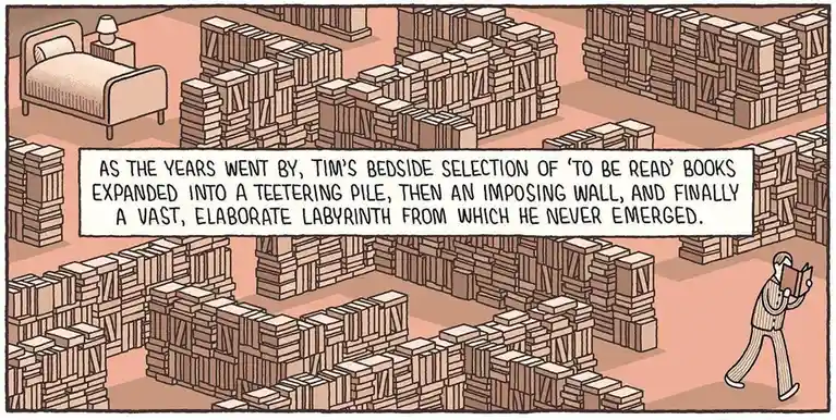 A cartoon depicts a man walking through a maze made entirely of towering stacks of books, with a bed visible in the upper…