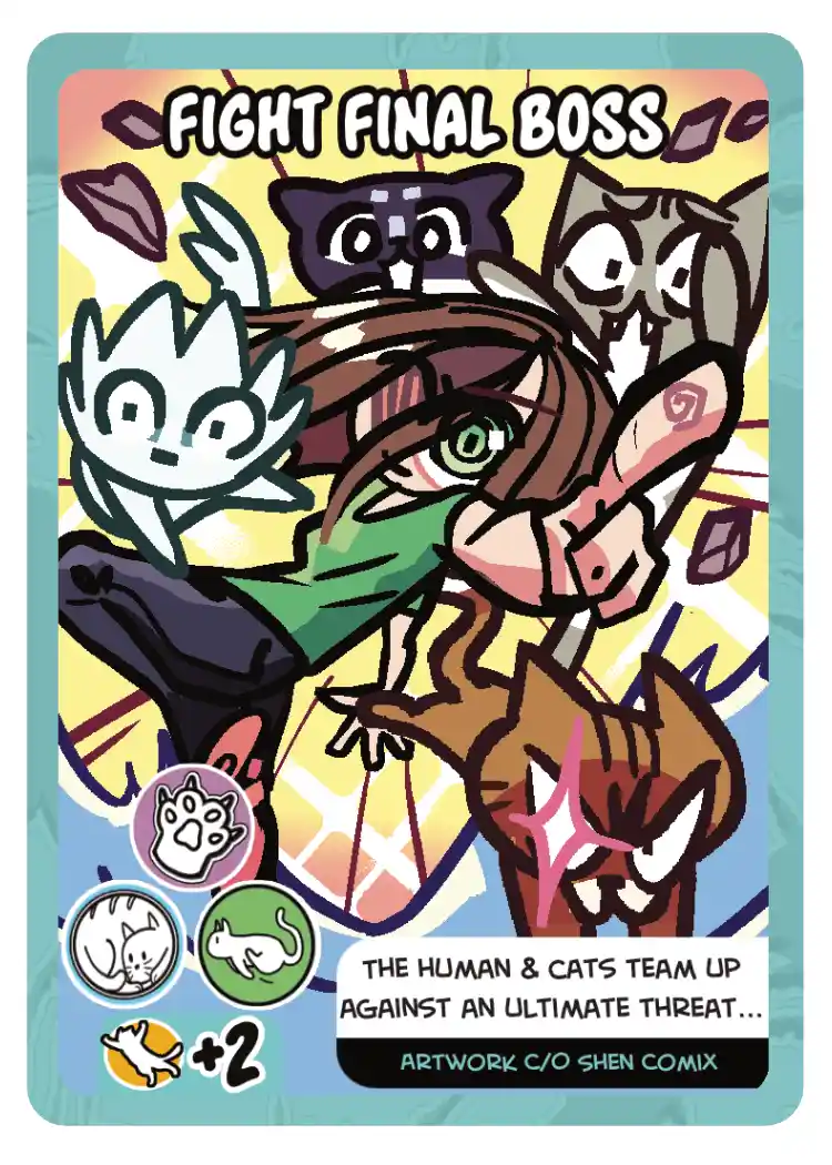A stylized game card titled 'FIGHT FINAL BOSS' depicts a human character with green eyes and brown hair wielding a sword…