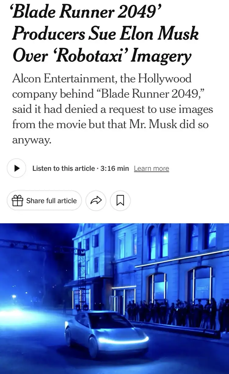 A screenshot of a news article headline about 'Blade Runner 2049' producers suing Elon Musk over using their movie's imagery…